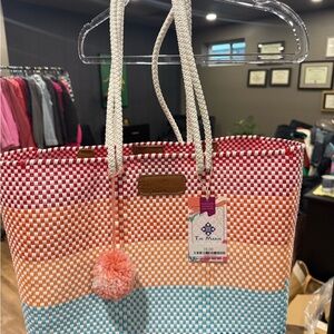 Timeless Multicolor Woven Tote — Coral, Orange & Sky Blue